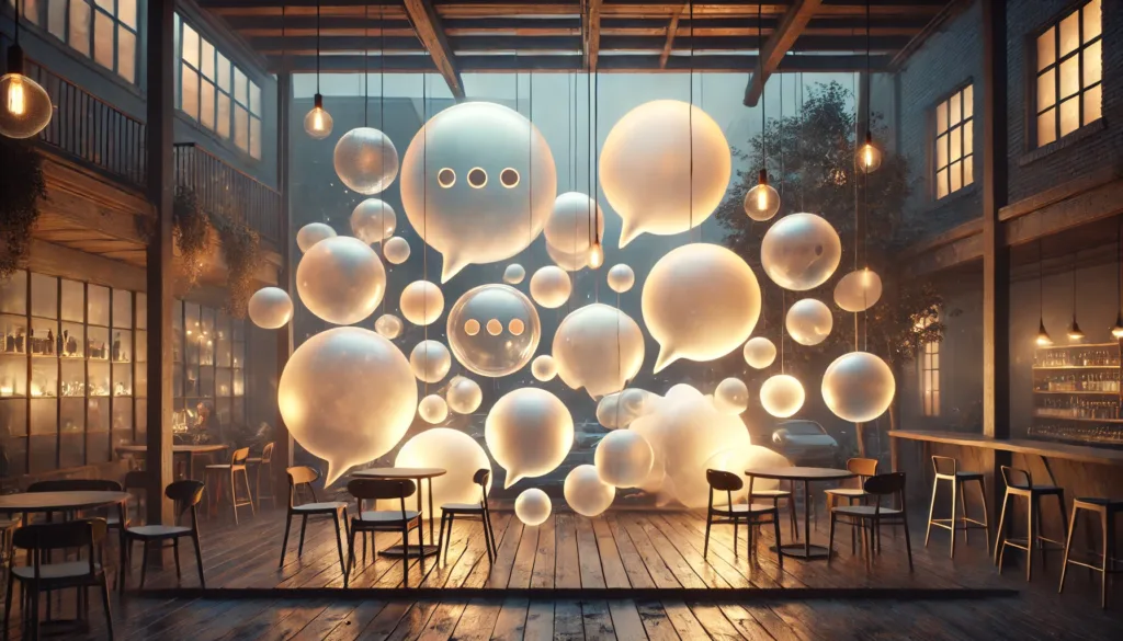 imagem fictícia de balões de fala dentro de uma sala vazia para ilustrar a coleção de frases sobre comunicação