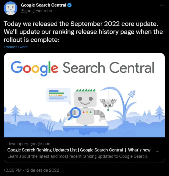 tweet do Google Search Central anunciando mudanças na classificação de conteúdo nas páginas de resultados de pesquisa