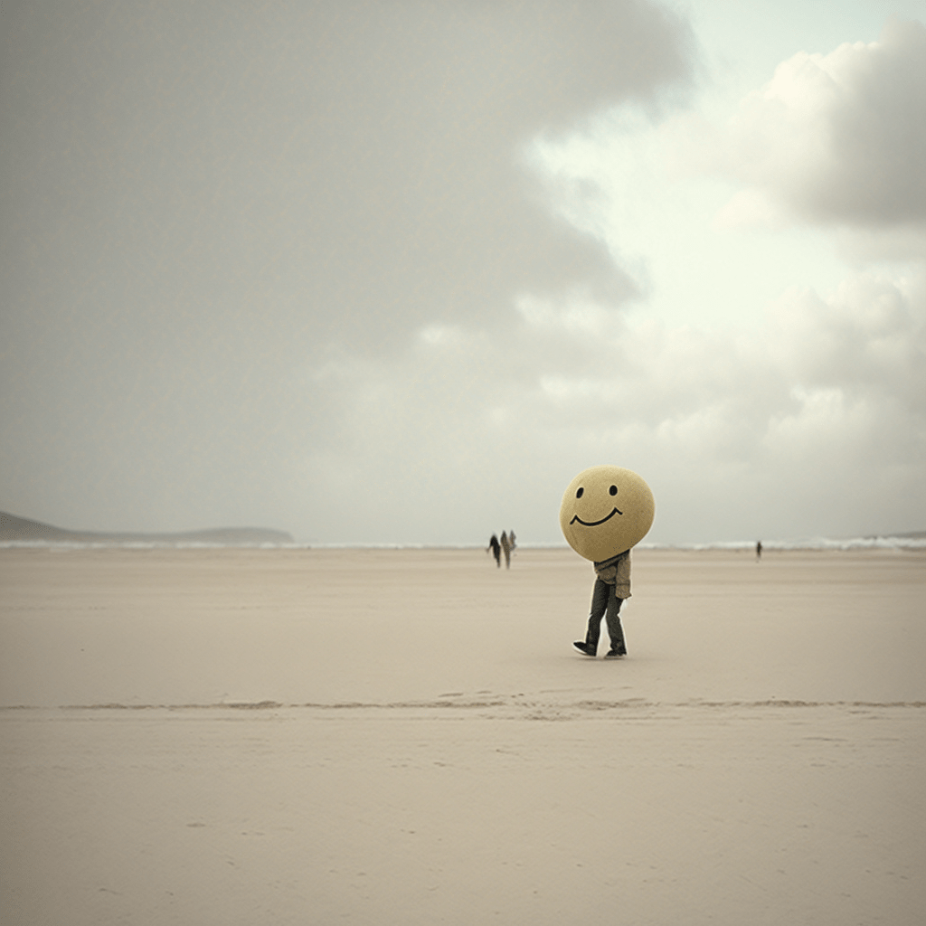 pessoa com cabeça de emoticon feliz caminhando na praia e praticando solitude