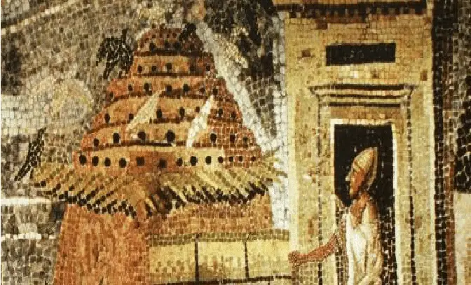 mosaico egípcio de I a.C. com cena de columbário para criação de pombos-correio