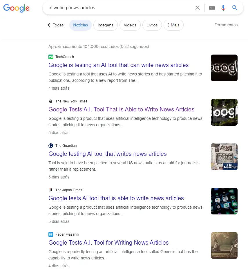 print de resultados de busca com Várias notícias sobre a Gênesis do Google que têm 
o mesmo título 