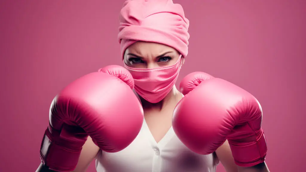 mulher vestida com roupa de luta para ilustrar o combate ao câncer de mama na campanha Outubro Rosa