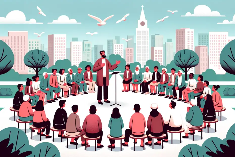 ilustração de um grupo de pessoas ouvindo um orador para representar o que é Comunicação Pública