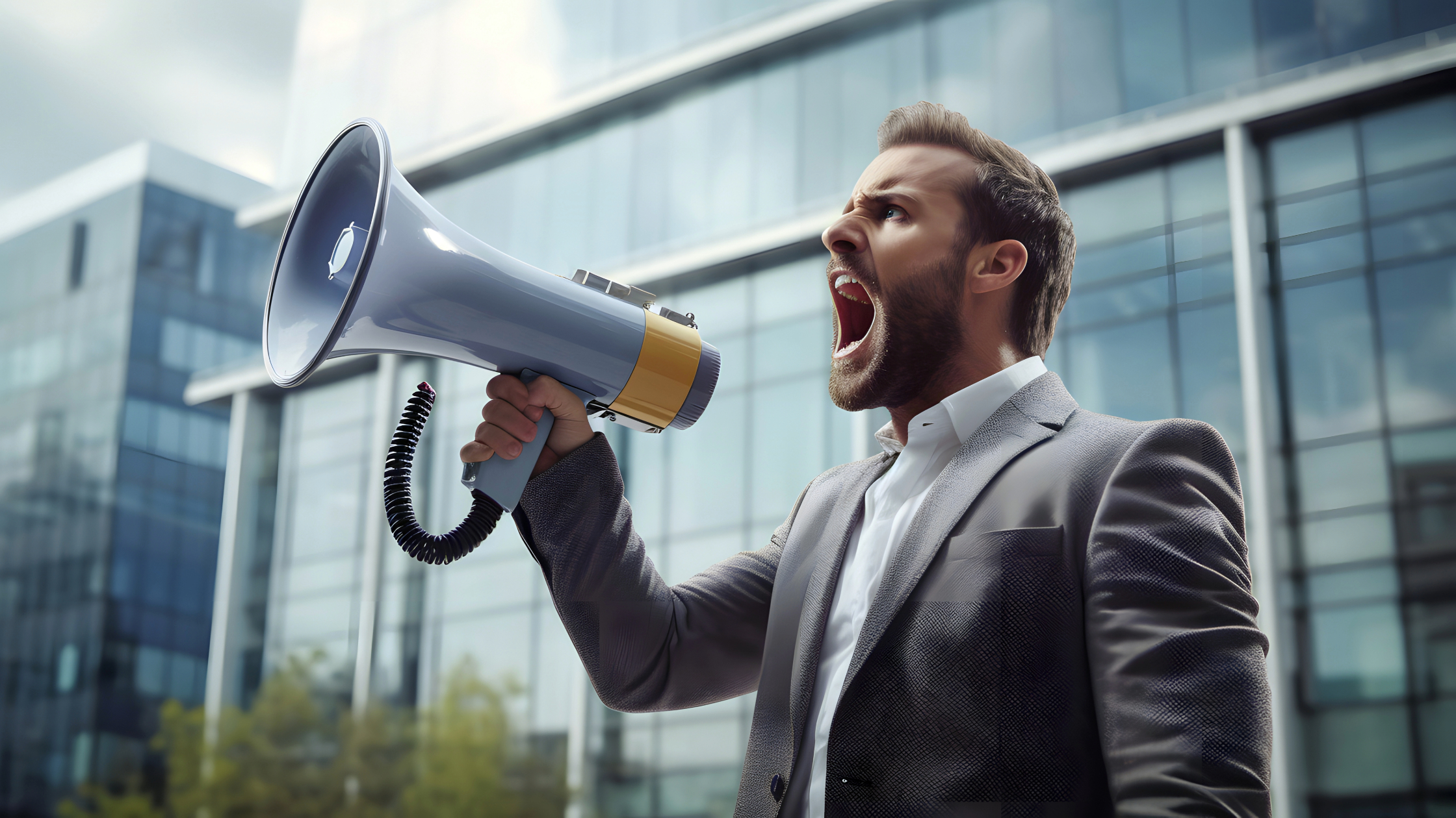 homem executivo gritando com megafone em frente a uma empresa para ilustrar a comunicação externa