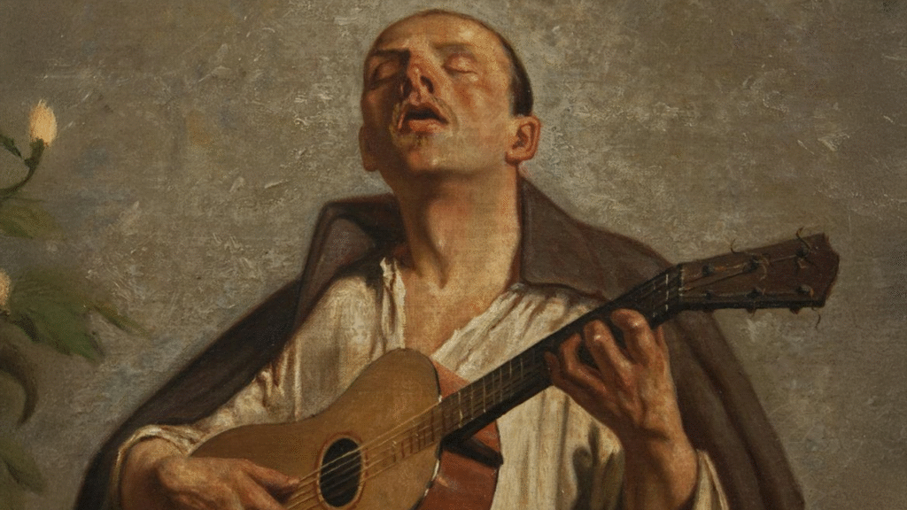 pintura de um homem tocando uma música triste representando os bardos da história da comunicação como profissão