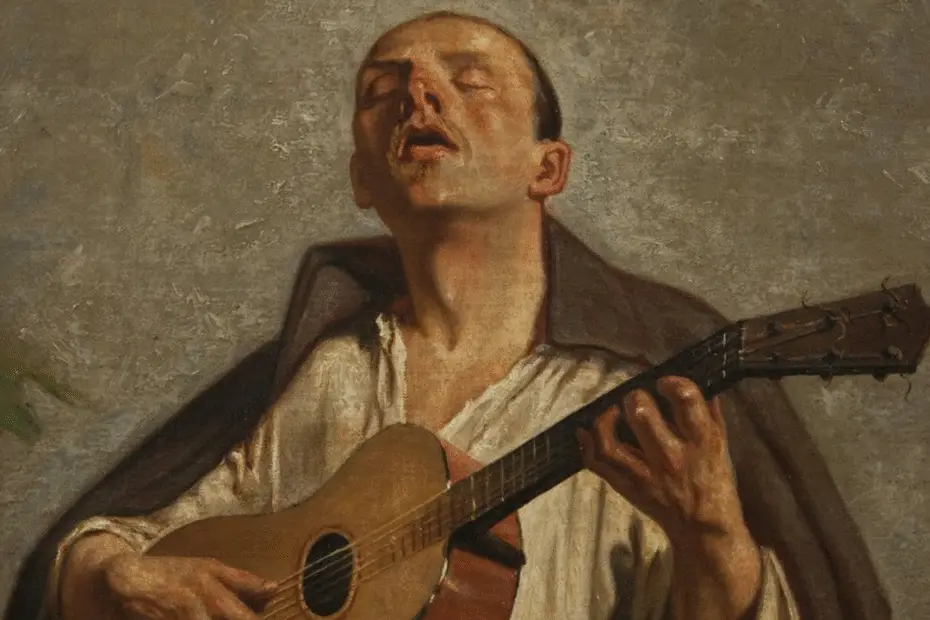 pintura de um homem tocando uma música triste representando os bardos da história da comunicação como profissão