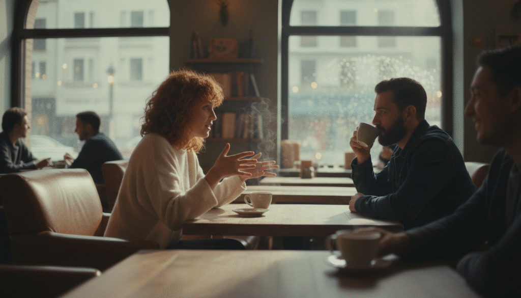 uma mulher e um homem conversando sentados em uma mesa de cafeteria