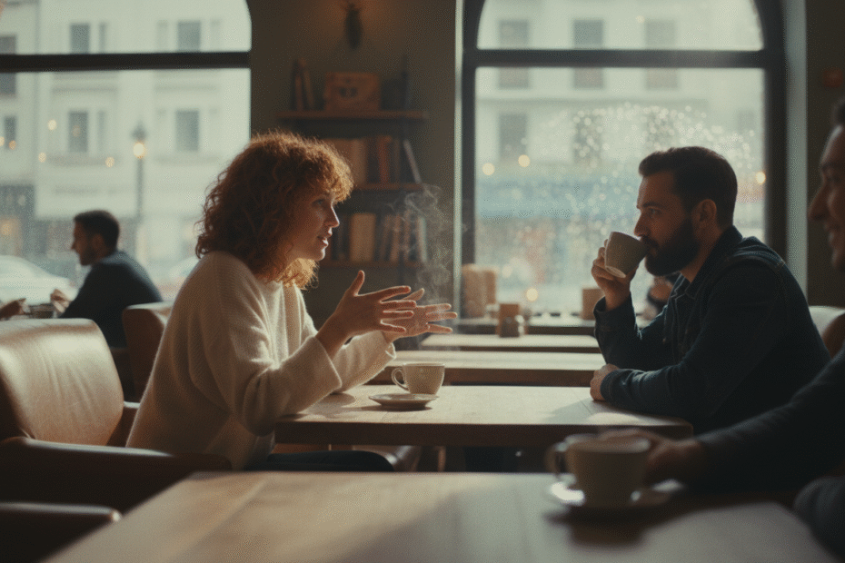 uma mulher e um homem conversando sentados em uma mesa de cafeteria